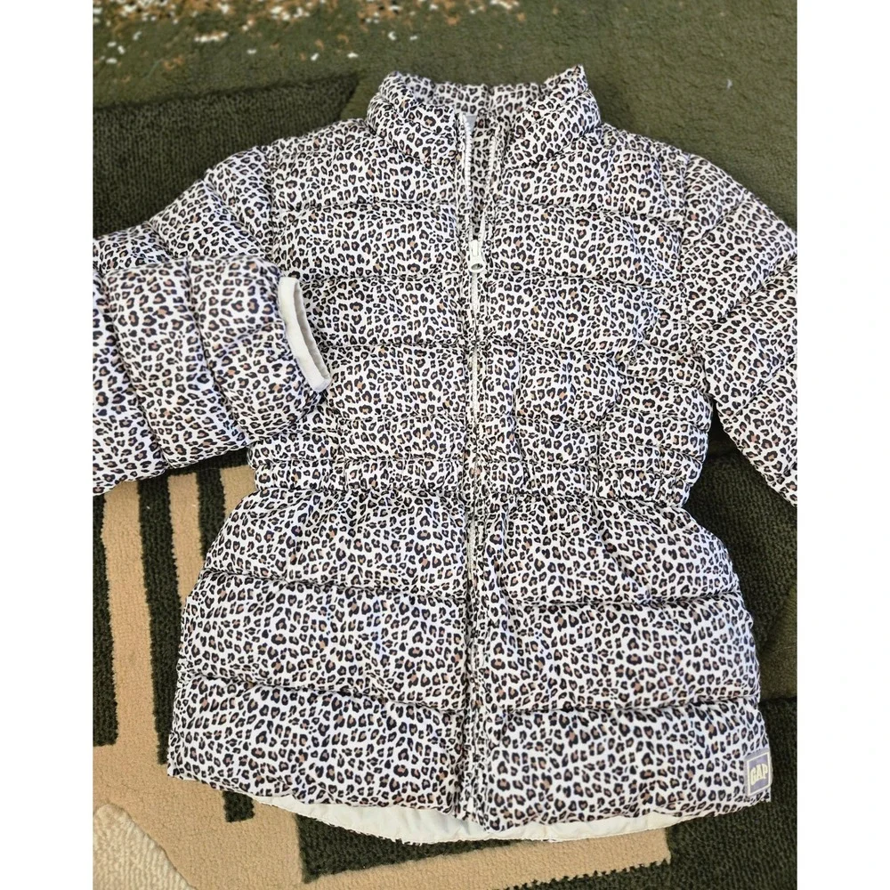 Gap Kids Girls Leopard Puffer Jacket Hooded Zip Up Lined Warm Outerwear Medium - Picture 3 of 7